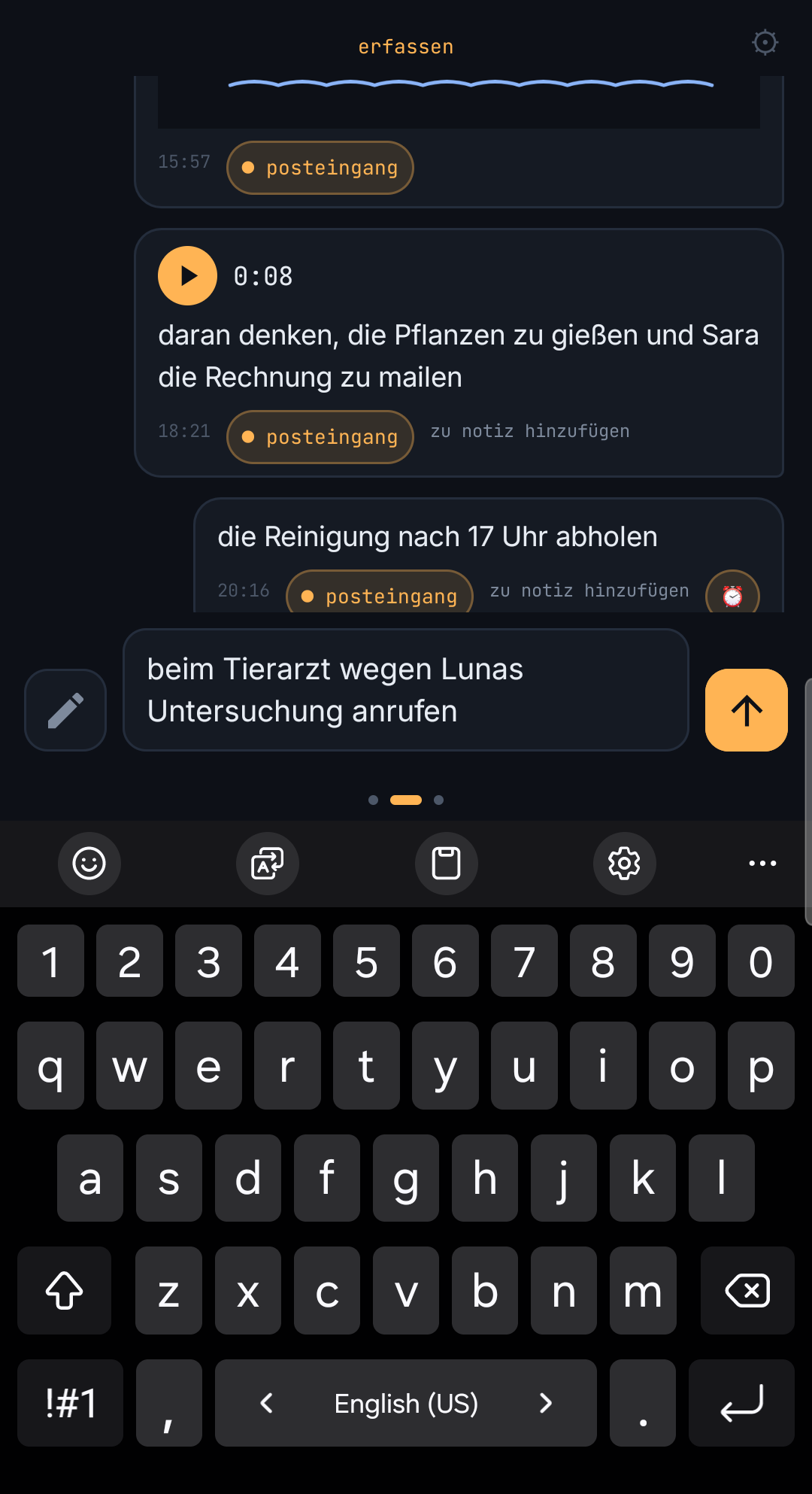 Der ChatNote-Aufnahmebildschirm, geöffnet beim Cursor