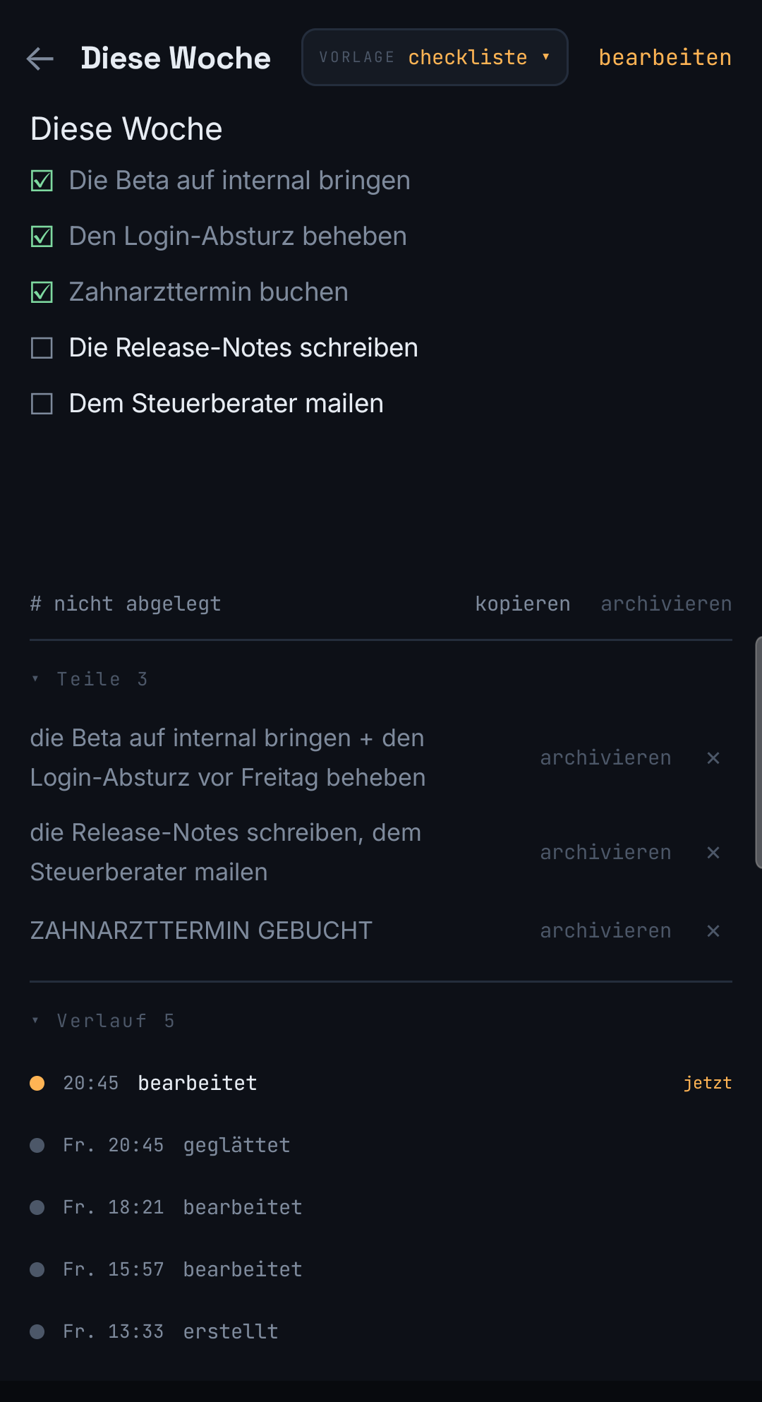 Eine Notiz, die die KI zu einer Checkliste geordnet hat