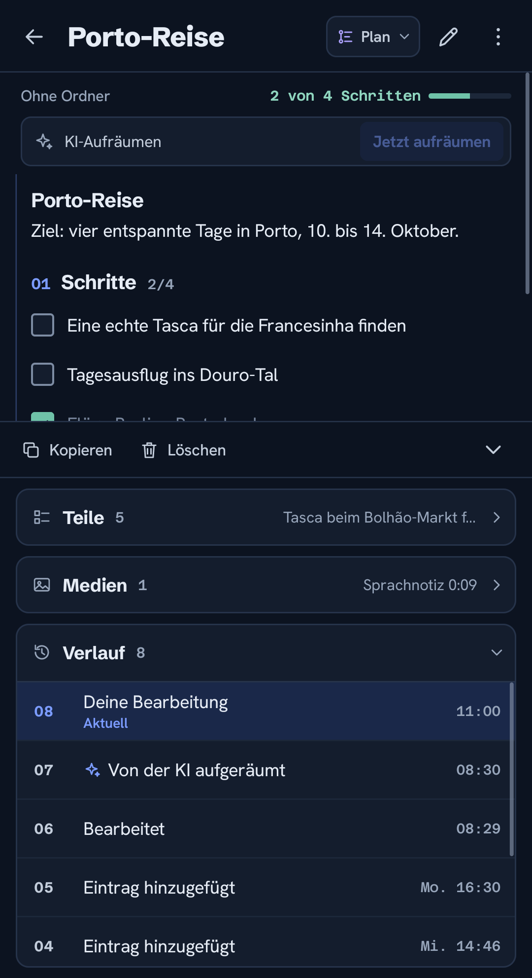 Der Verlauf einer Notiz: jede Version datiert, deine Änderung über dem KI-Aufräumen
