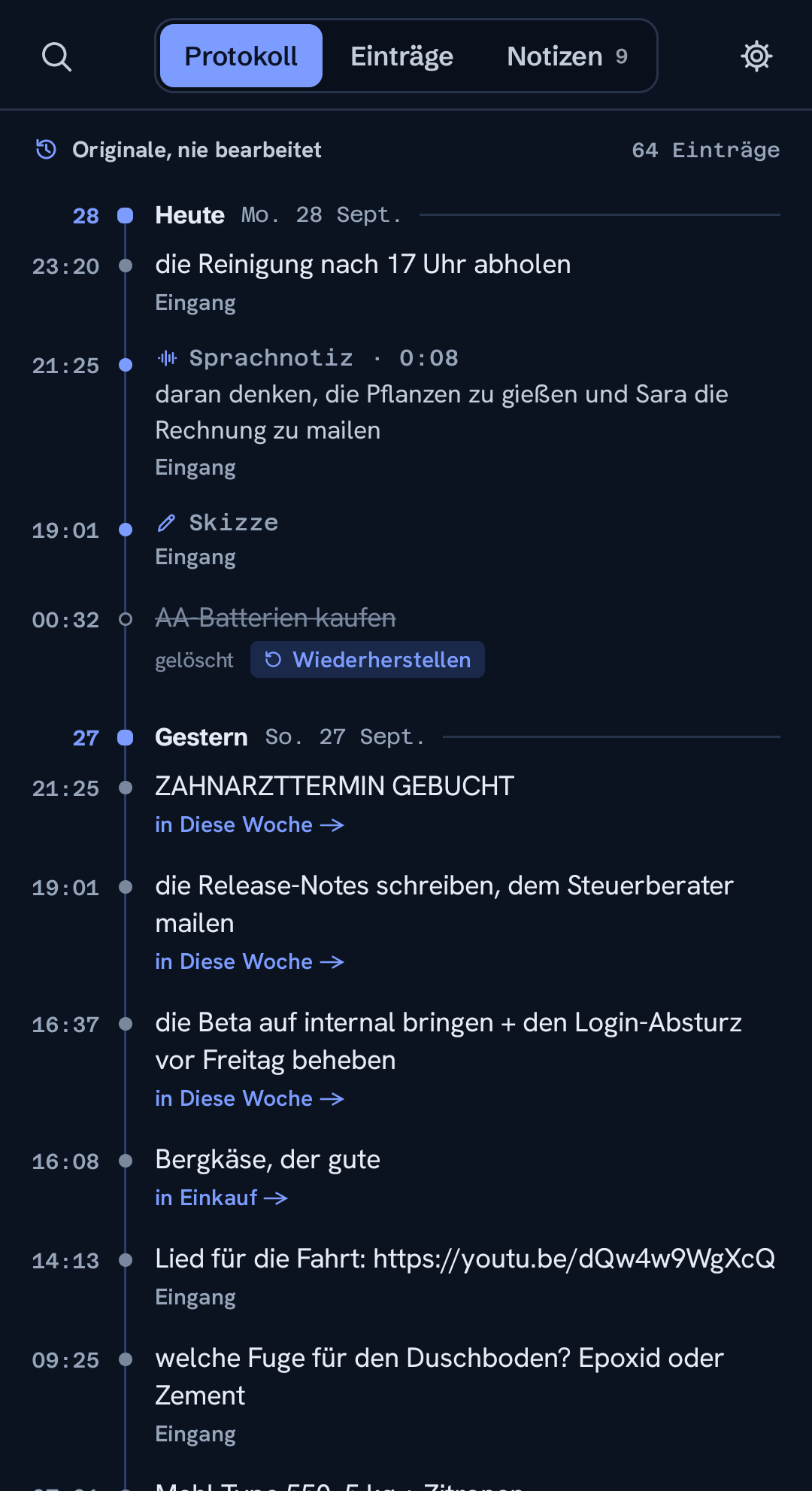 Das Protokoll jeder Notiz, der Reihe nach, nichts überschrieben