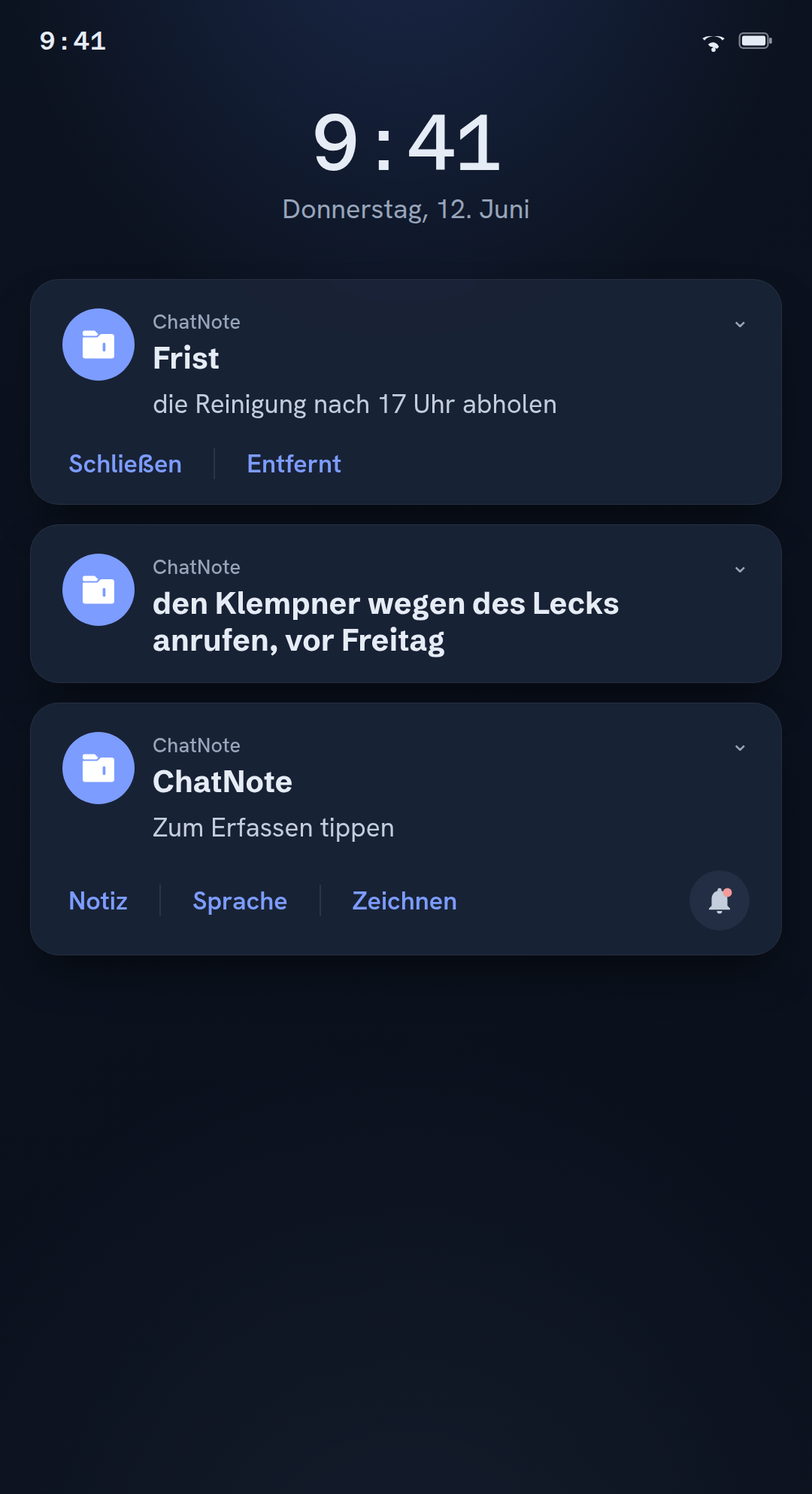 Die Benachrichtigung zum Festhalten mit einem Tippen
