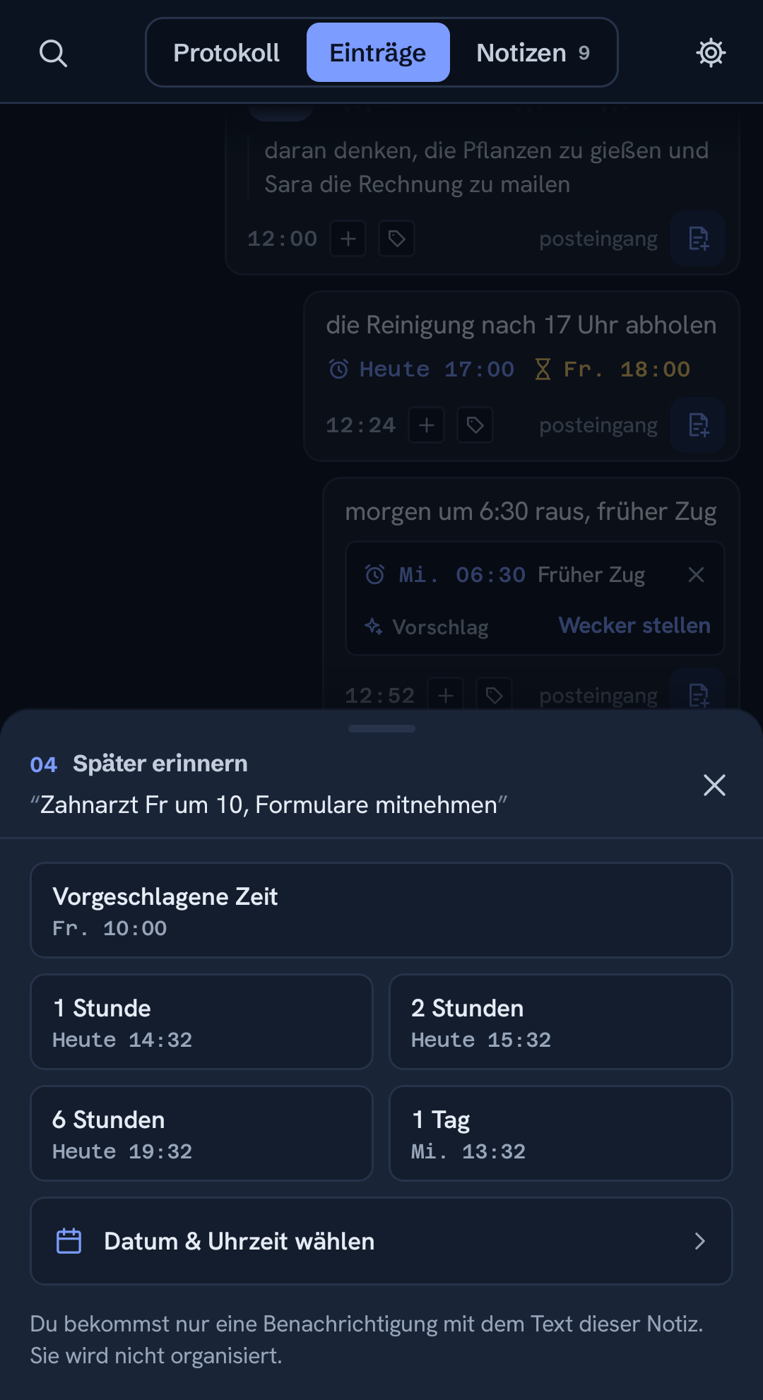 Das Erinnerungsblatt, mit der Zeit aus der Erfassung schon vorgeschlagen