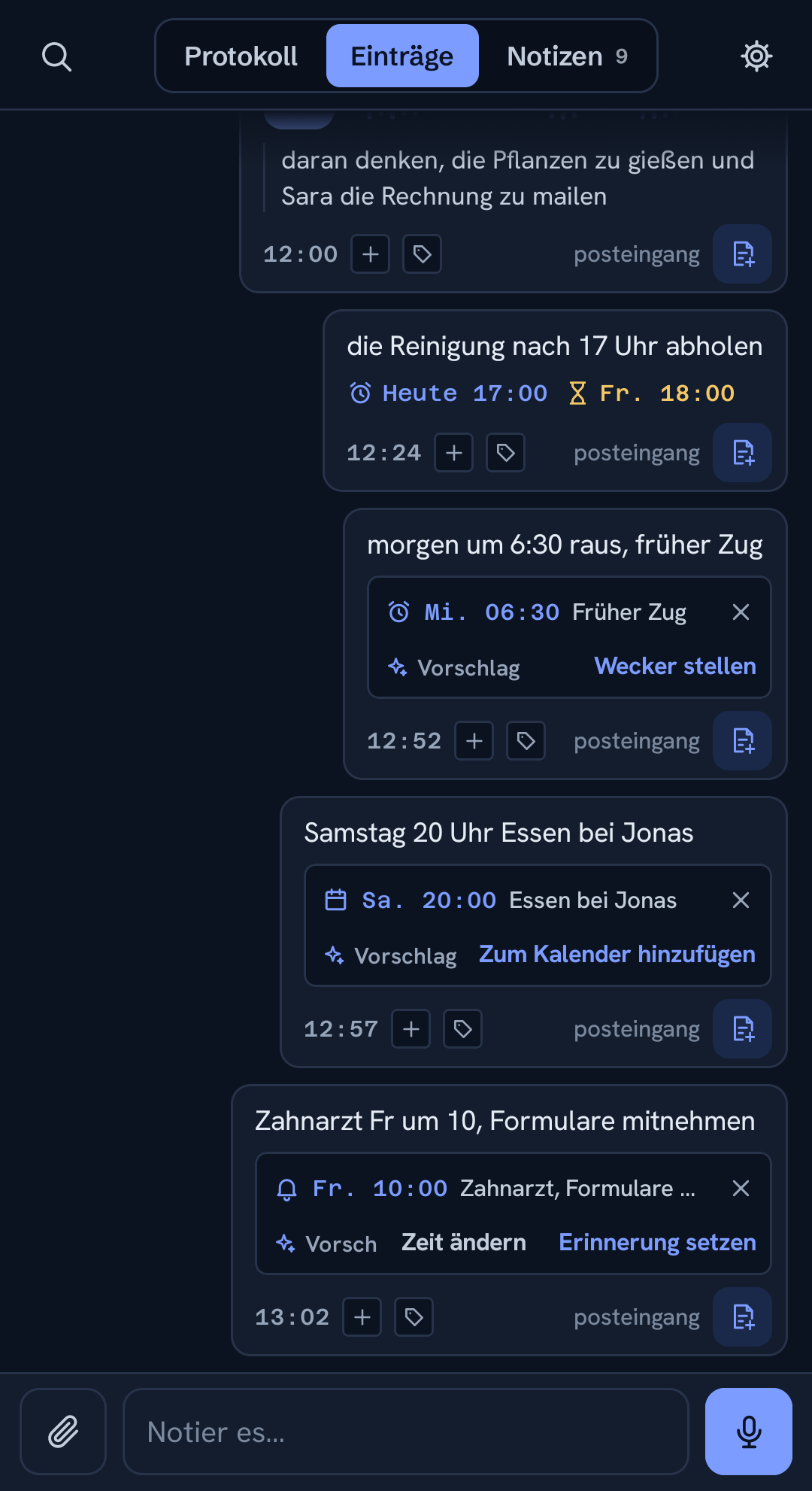 Vorgeschlagene Aktionen unter Erfassungen, die eine Zeit nennen: Erinnerung, Termin, Wecker