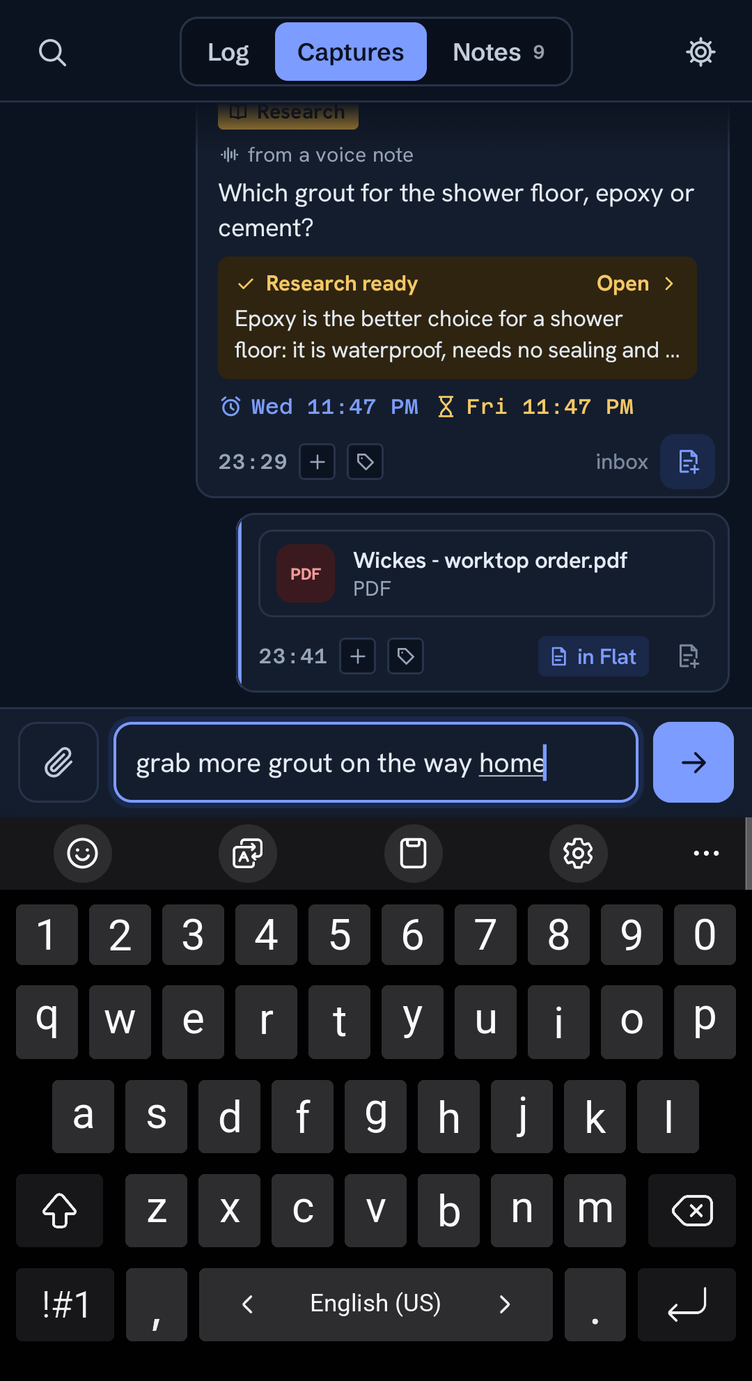 The ChatNote capture screen, open to the cursor