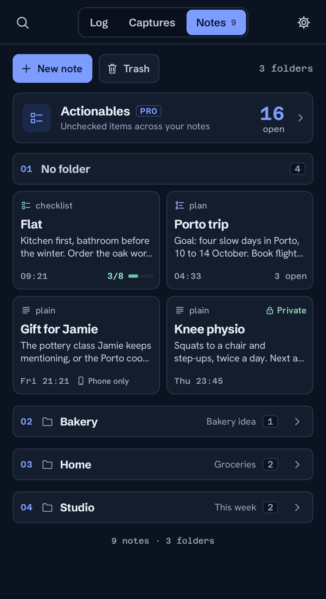 Captures sorted into notes by project