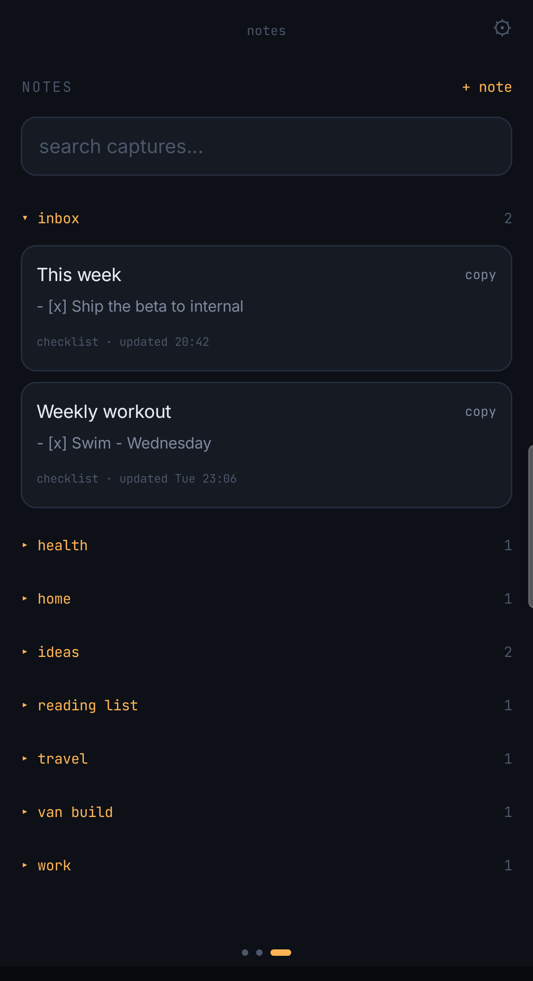 The ChatNote notes list, grouped by project