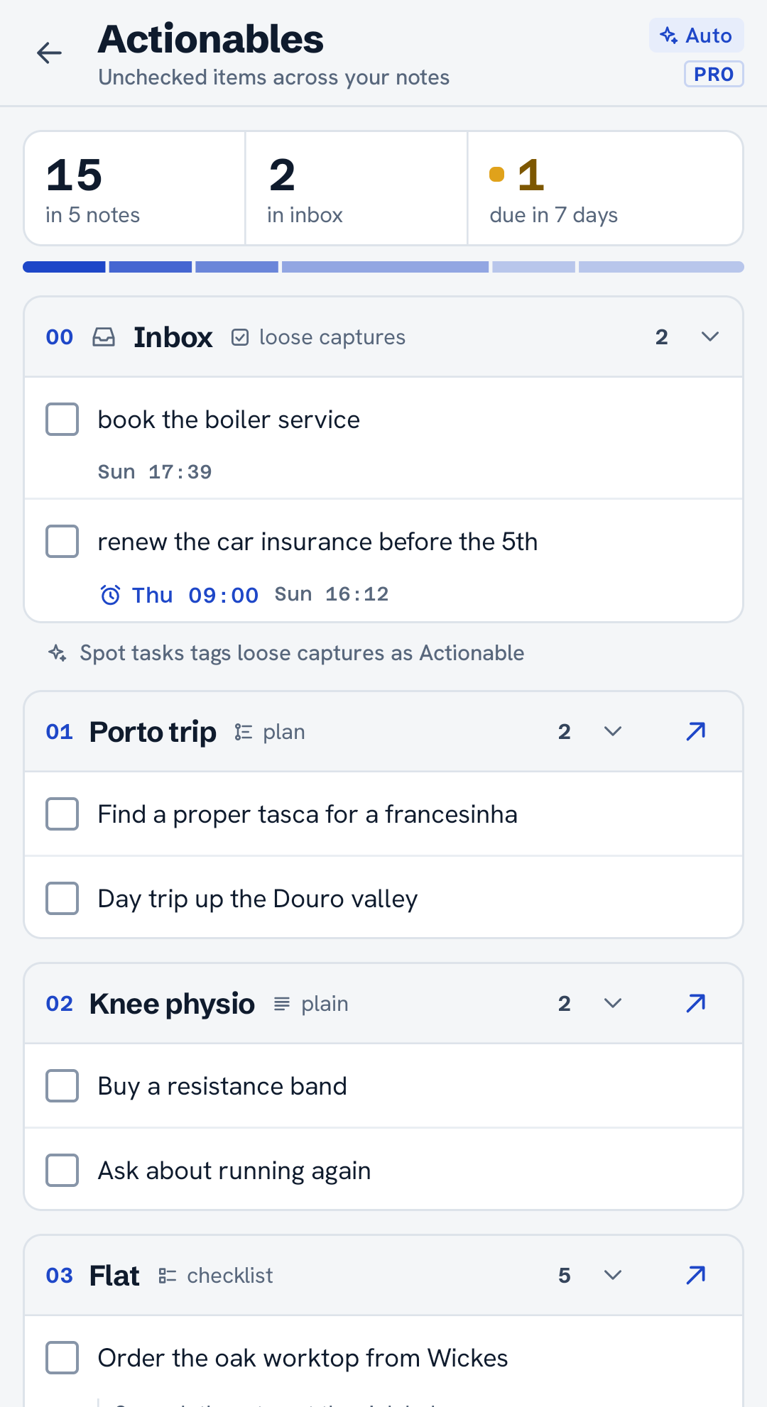 Actionables: open tasks from every note, plus loose captures the AI spotted in the Inbox