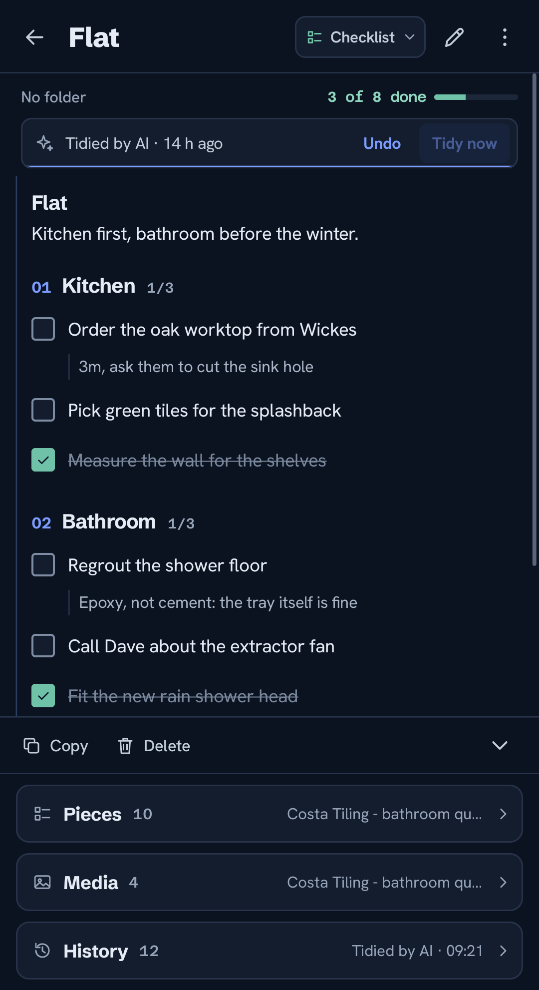 A checklist note with sections, ticks and task details