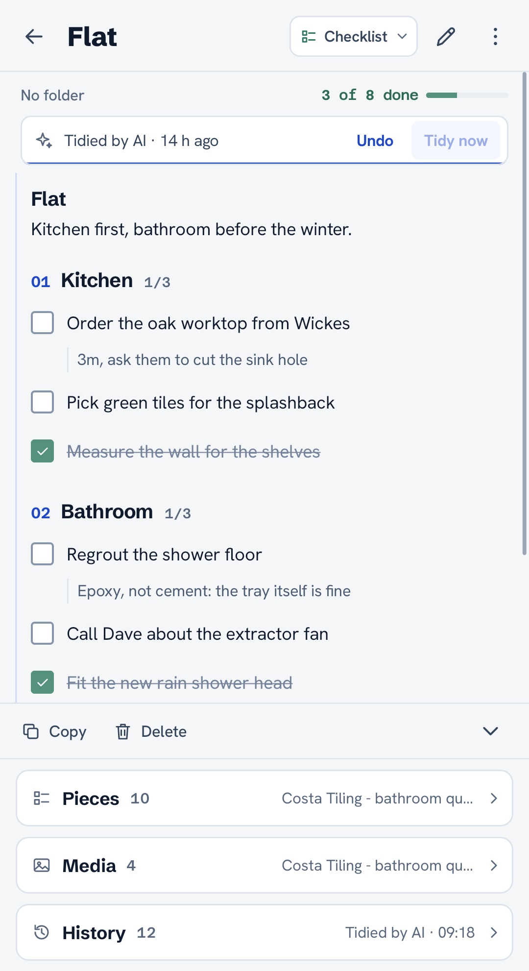 A checklist note with sections, ticks and task details