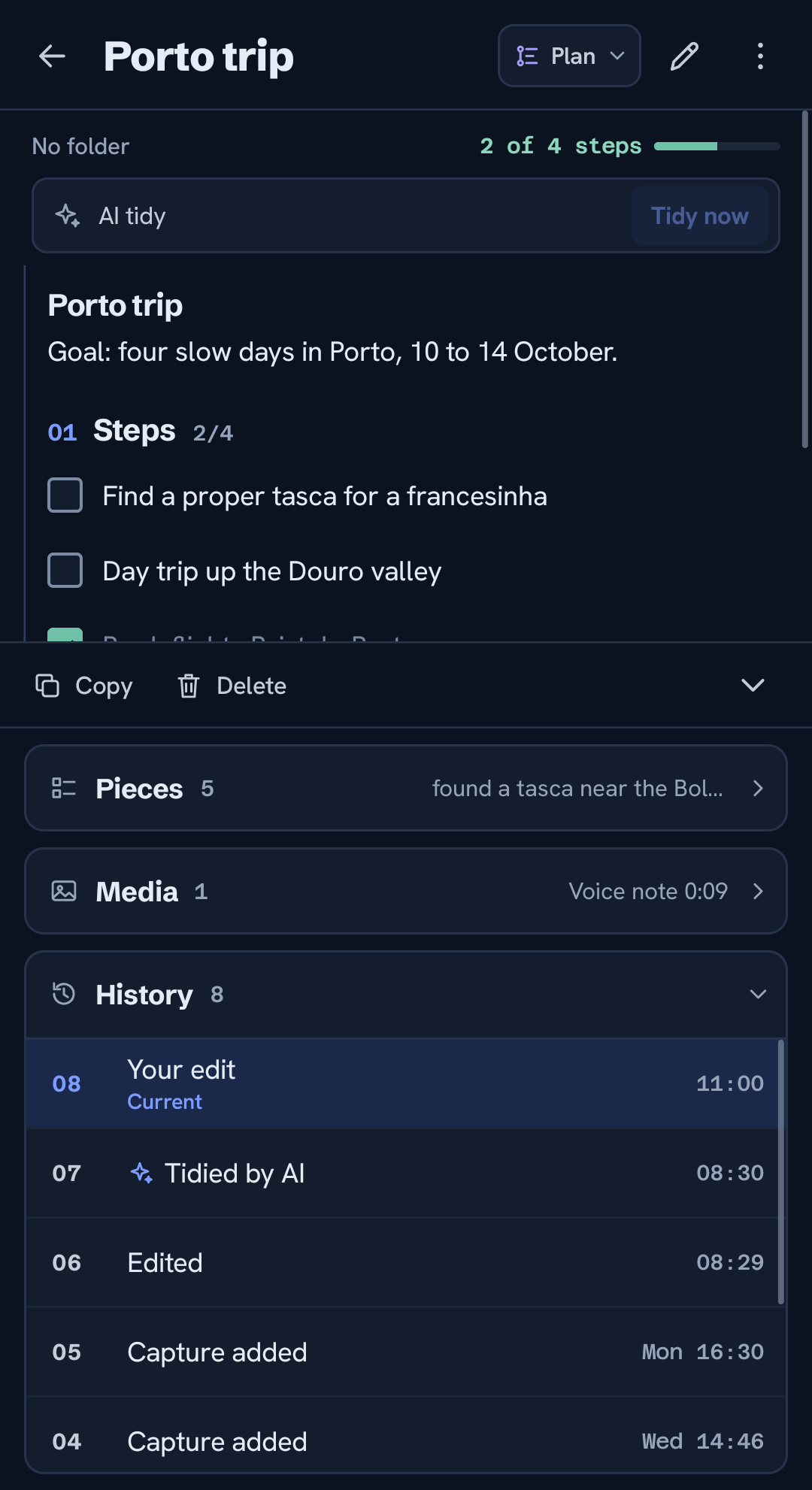 A note's history: every version dated, your edit on top of the AI tidy