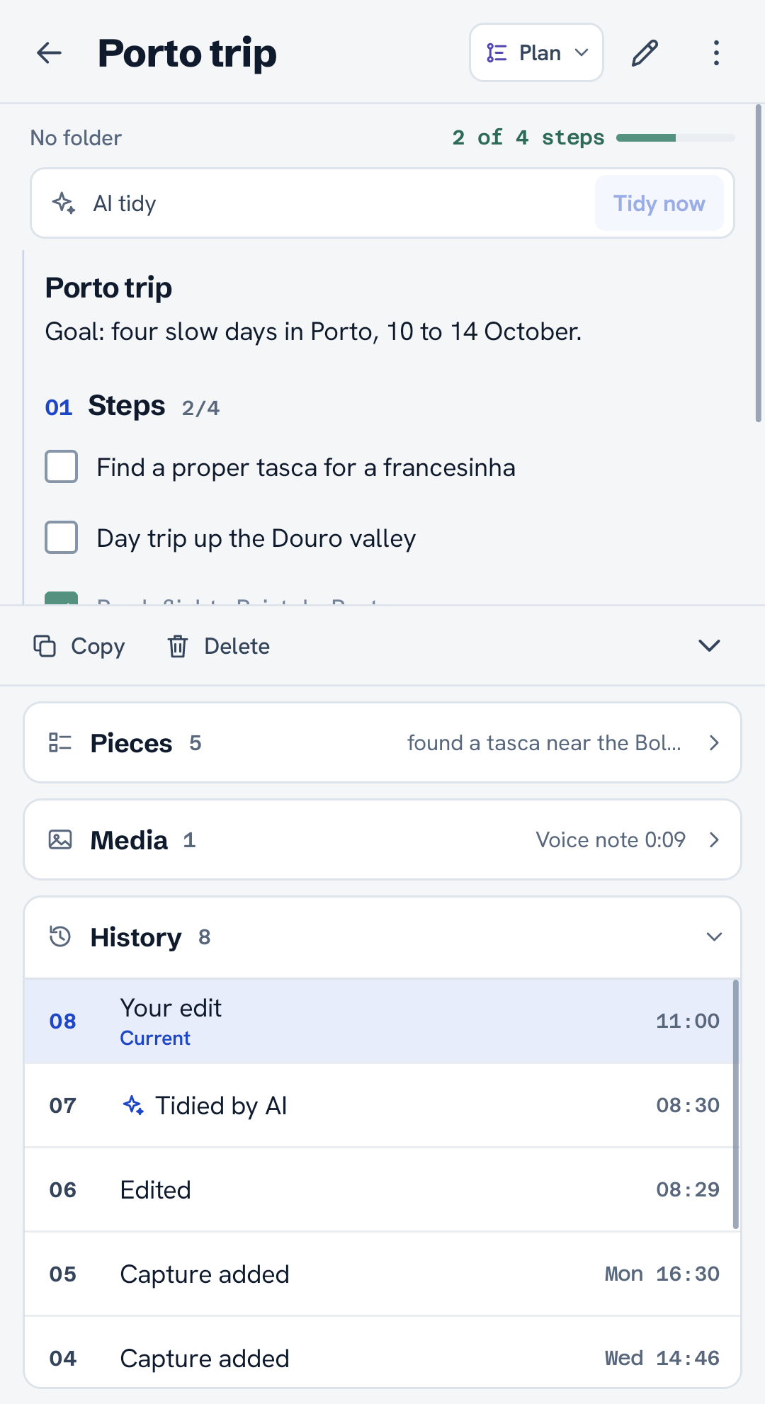 A note's history: every version dated, your edit on top of the AI tidy