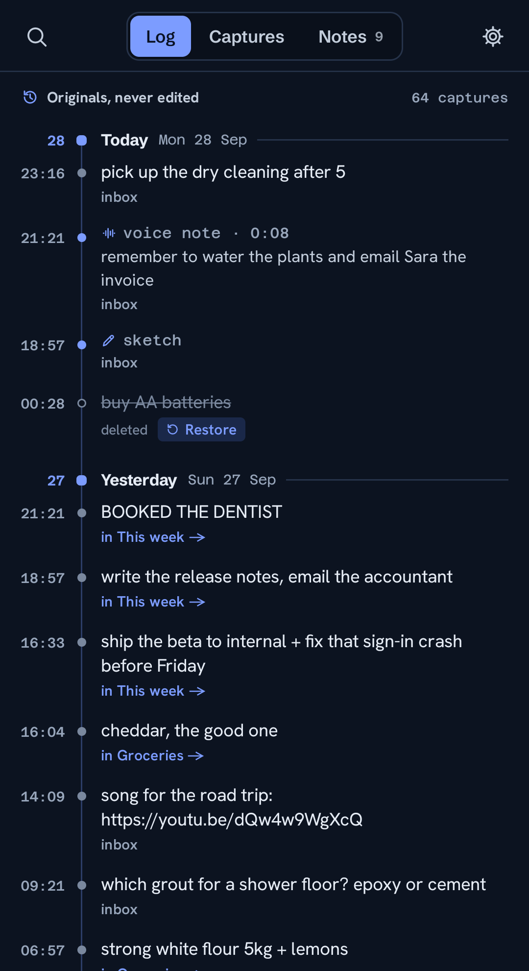 The log of every capture, in order, with nothing overwritten