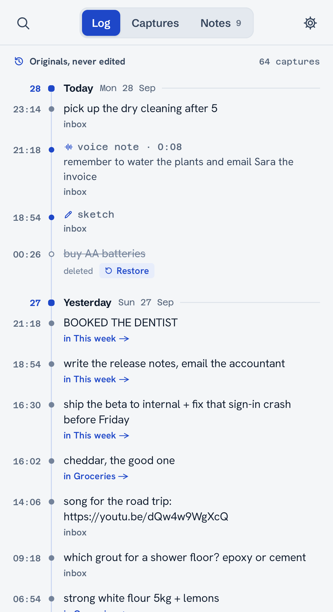 The log of every capture, in order, with nothing overwritten