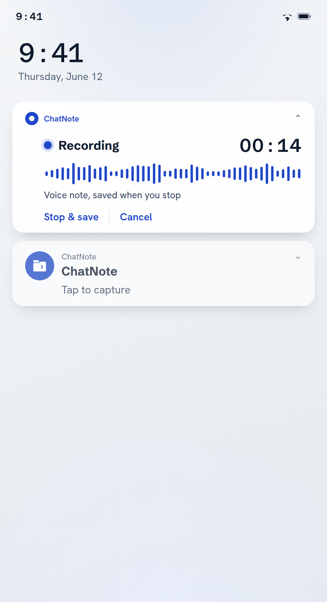 Recording a voice note from the notification, with the running time, Stop & save and Cancel
