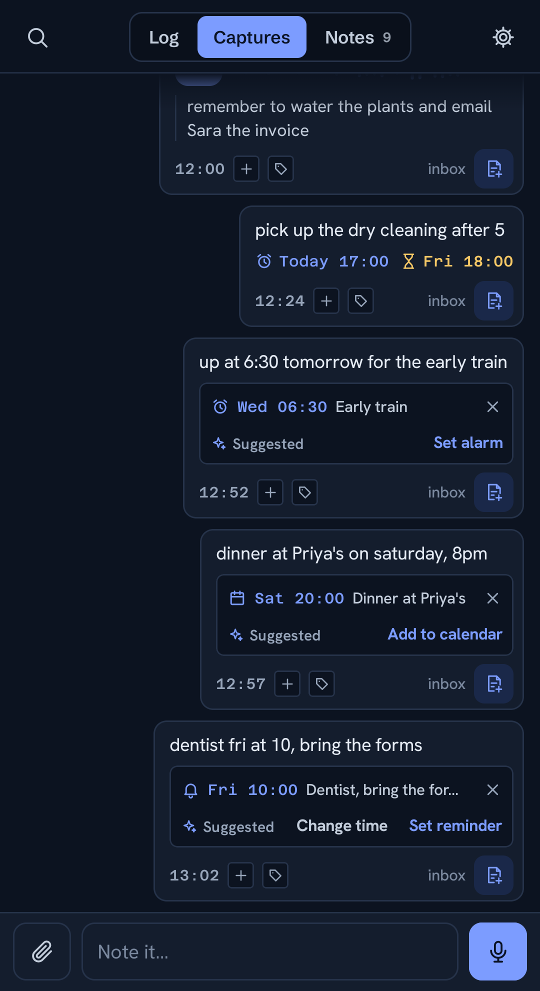 Suggested actions under captures that name a time: a reminder, an event, an alarm