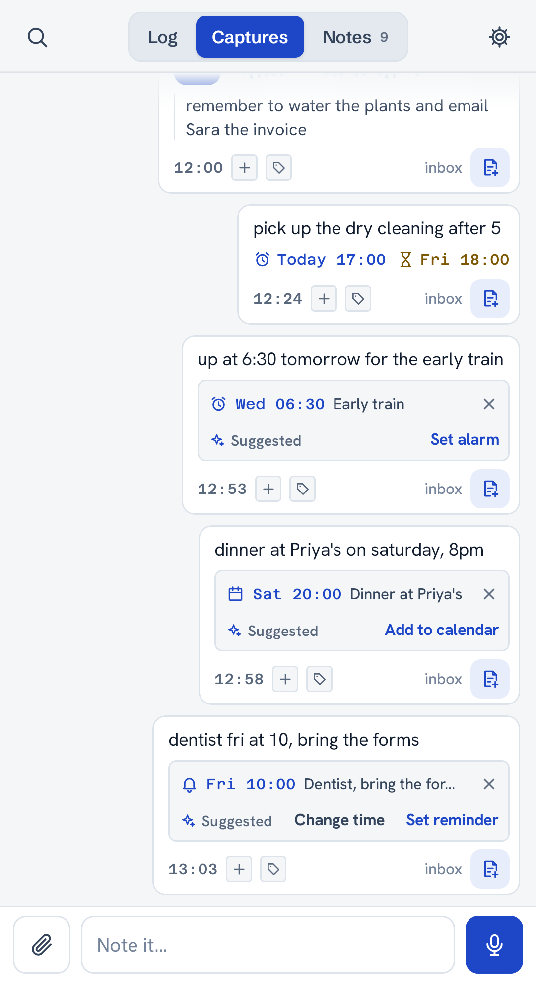 Suggested actions under captures that name a time: a reminder, an event, an alarm