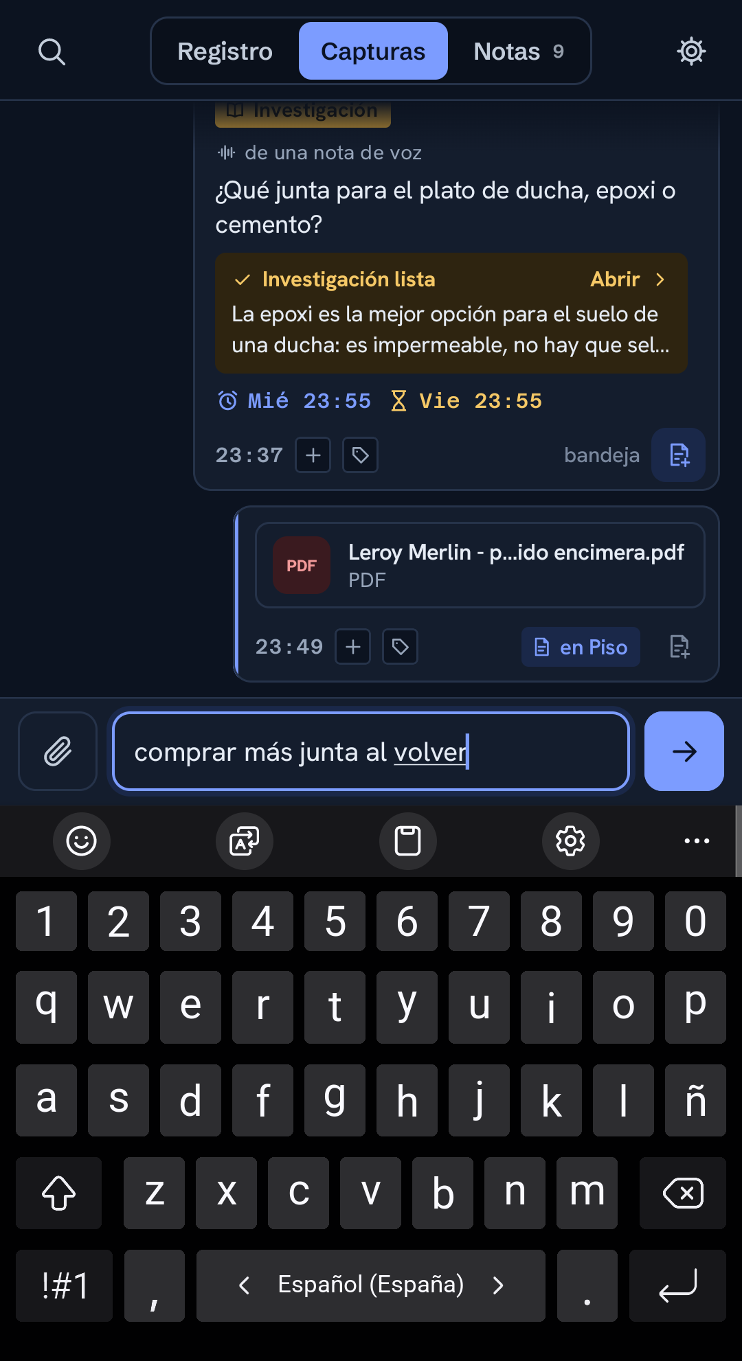 La pantalla de captura de ChatNote, abierta en el cursor