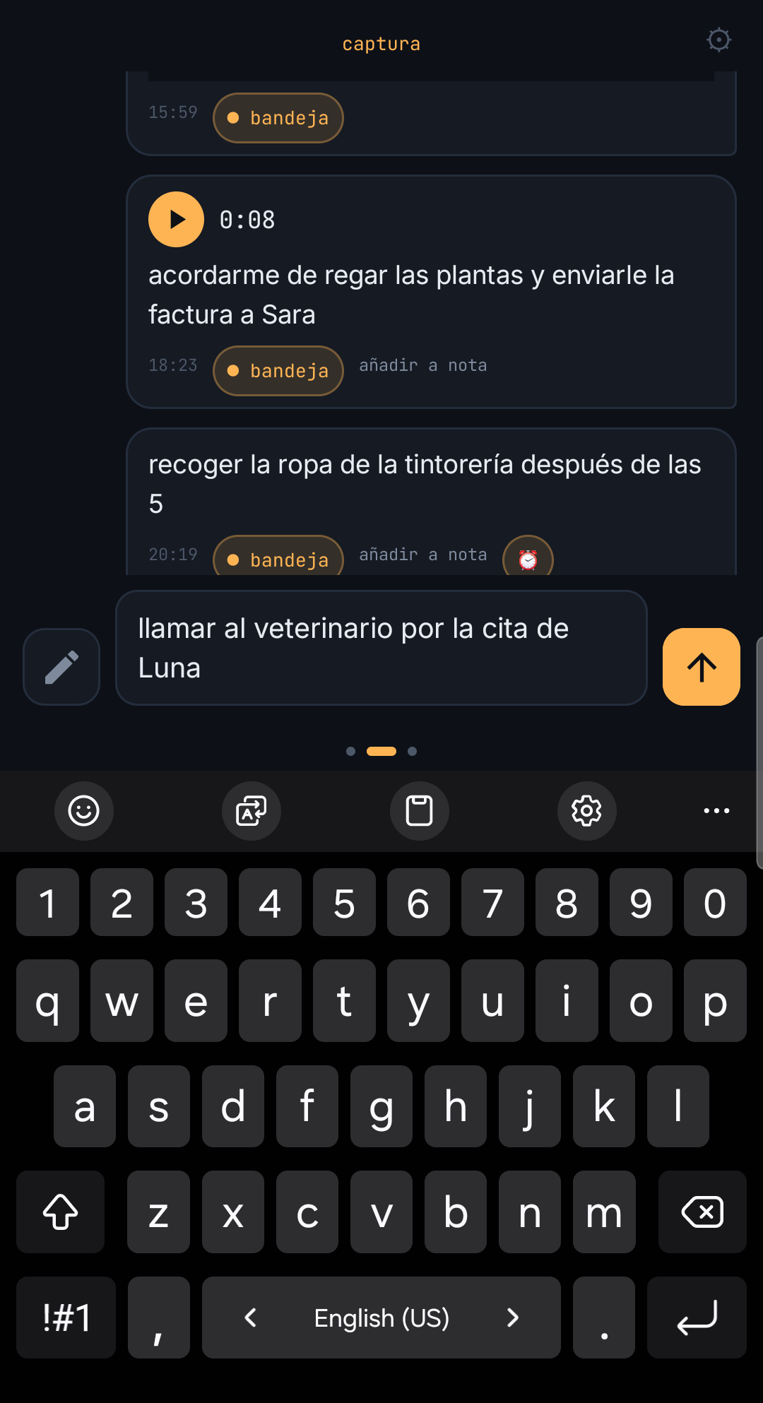 La pantalla de captura de ChatNote, abierta en el cursor
