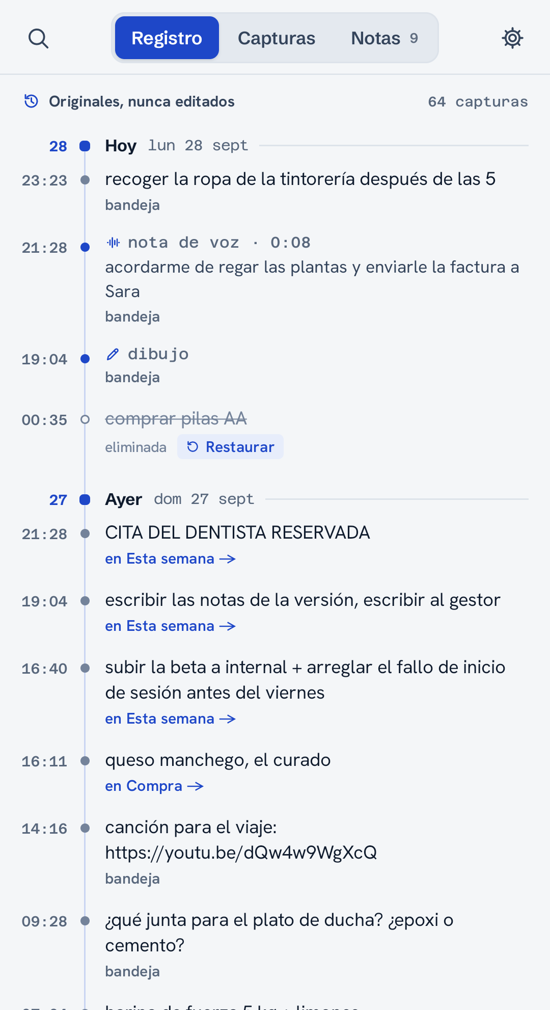 El registro de cada captura, en orden, sin sobrescribir nada
