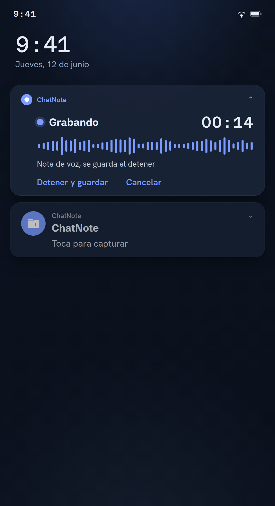 Grabando una nota de voz desde la notificación, con el tiempo en marcha, Detener y guardar y Cancelar
