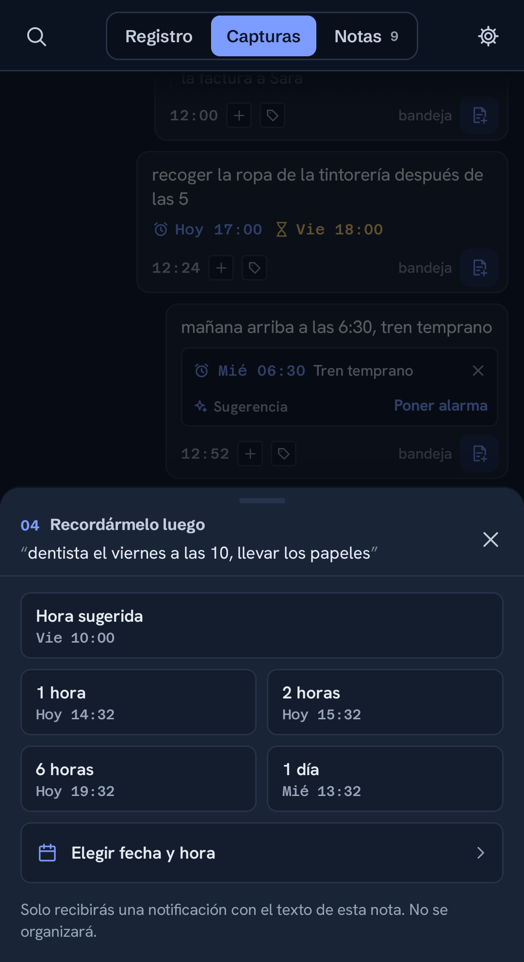 La hoja de recordatorio, con la hora que menciona la captura ya sugerida