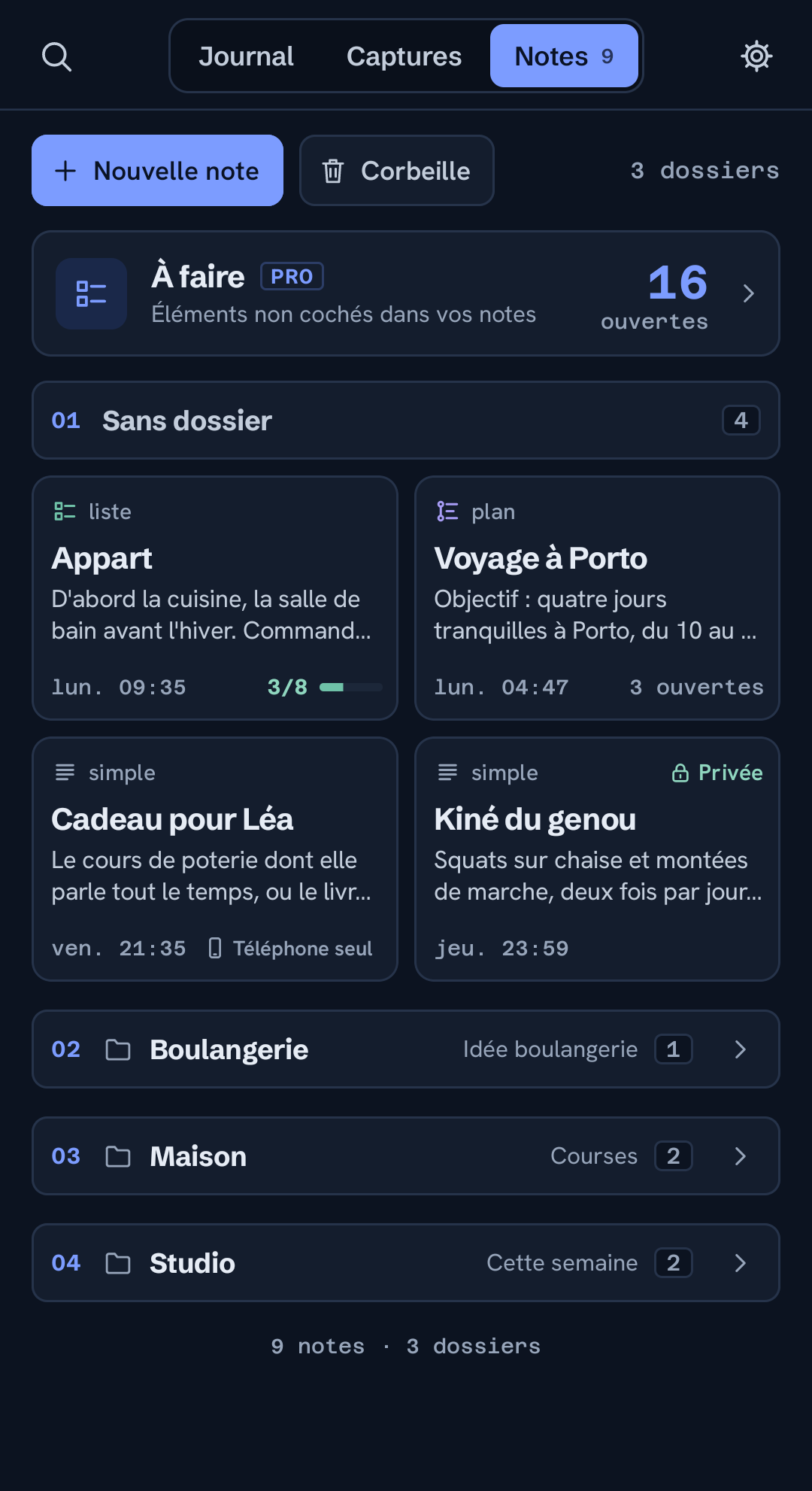 Captures classées en notes par projet