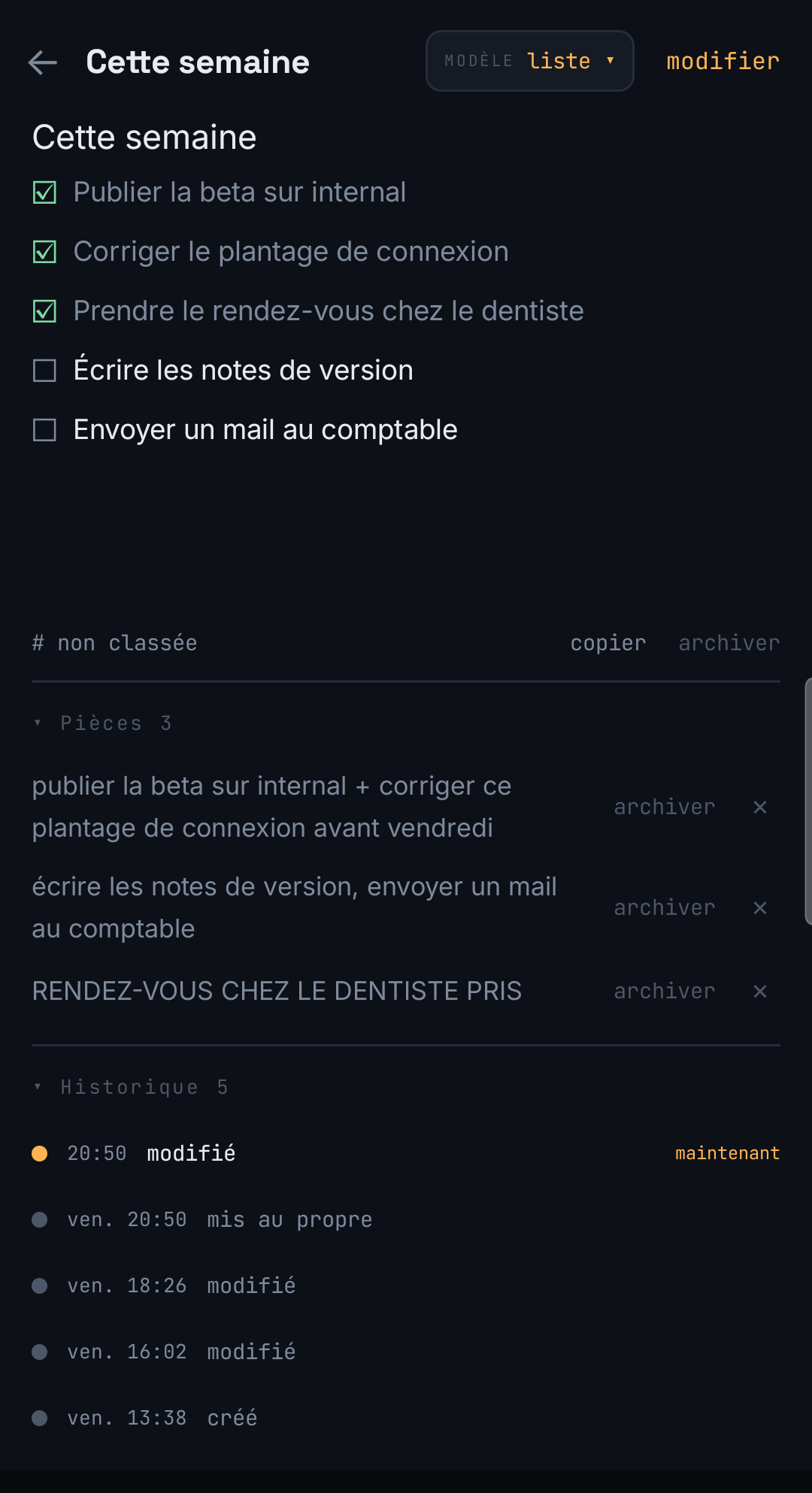 Une note que l'IA a mise au propre sous forme de checklist