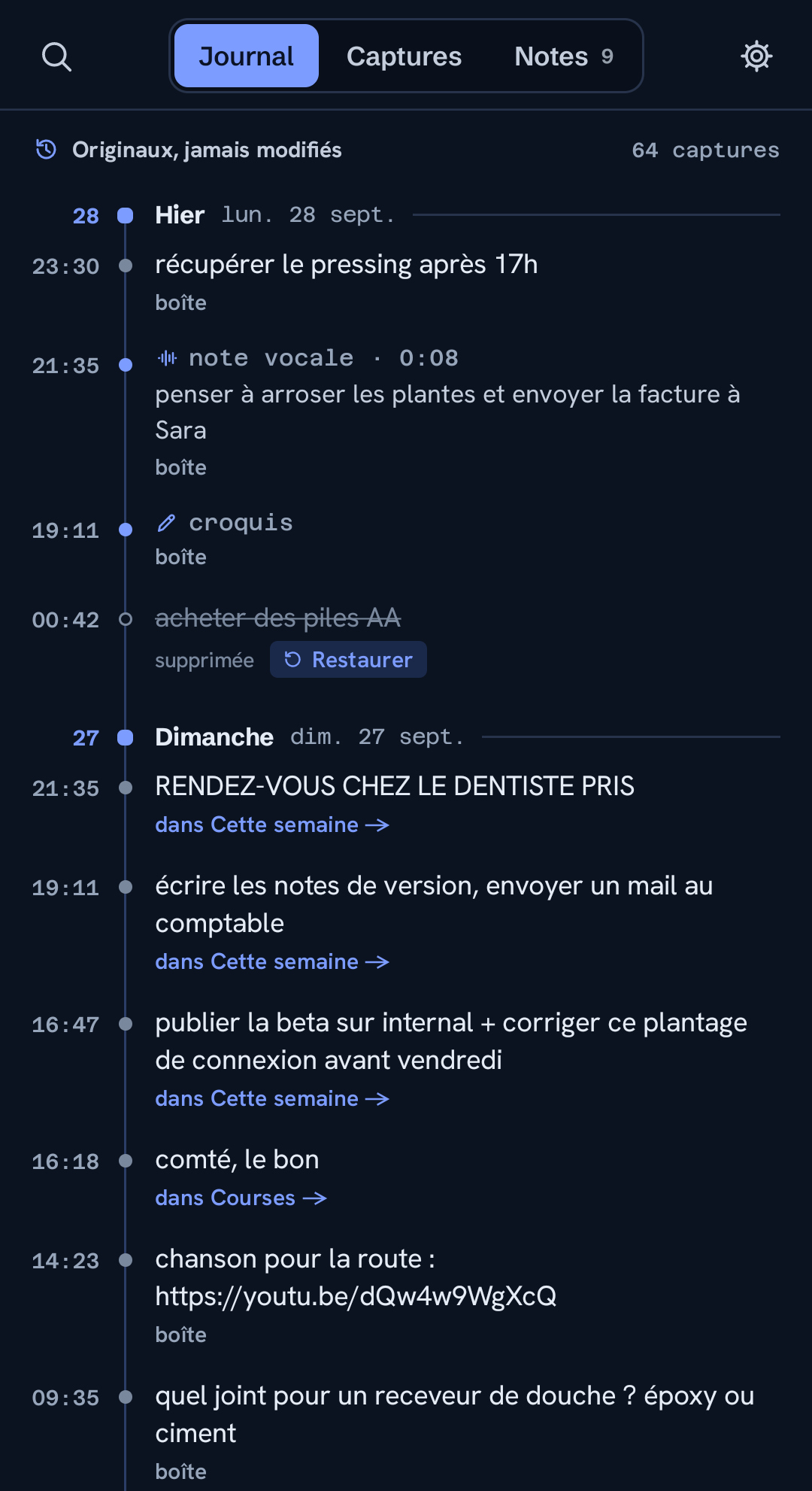 Le journal de chaque capture, dans l'ordre, sans rien écraser