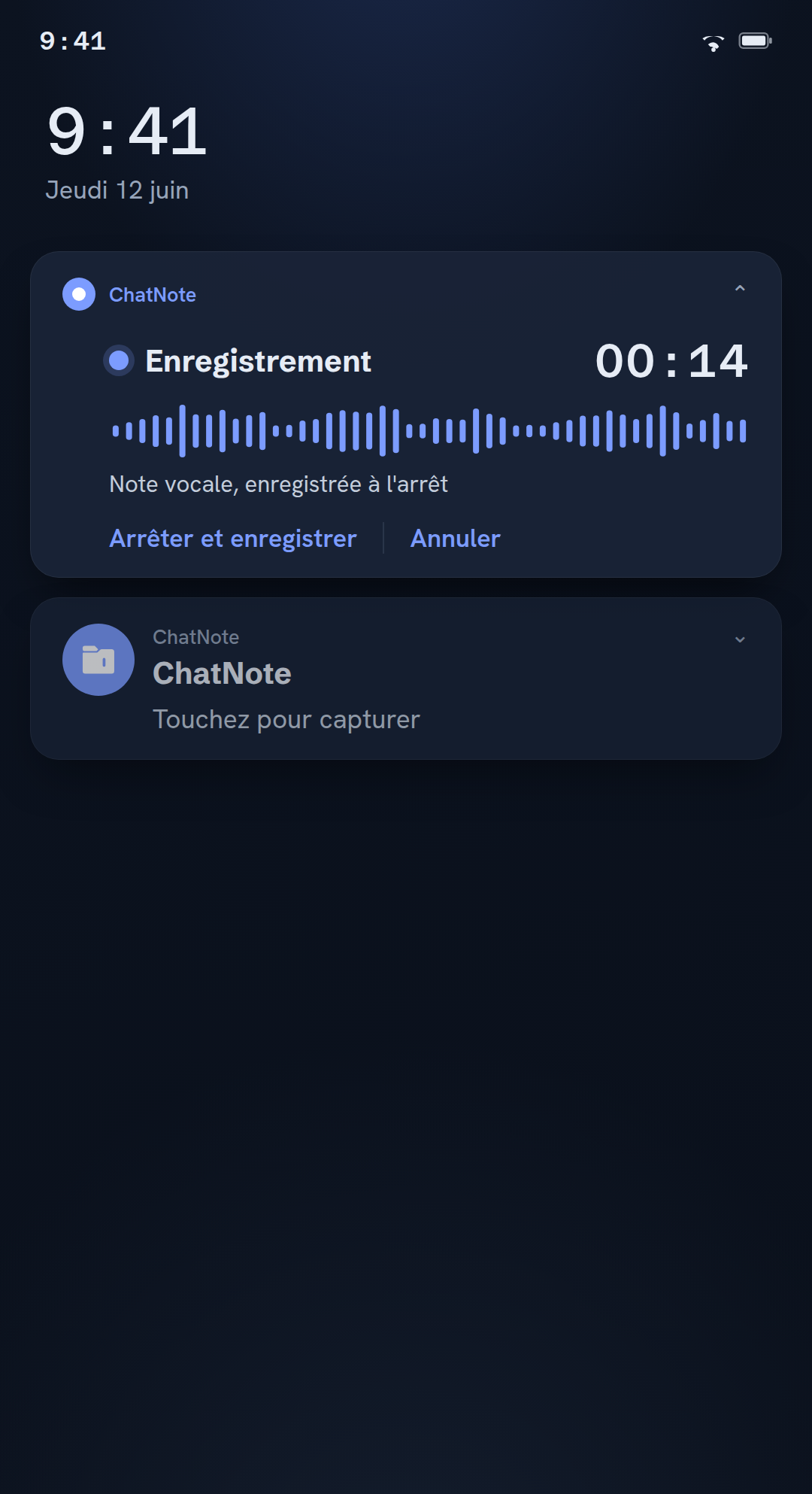 Enregistrer une note vocale depuis la notification, avec le temps qui défile, Arrêter et enregistrer et Annuler