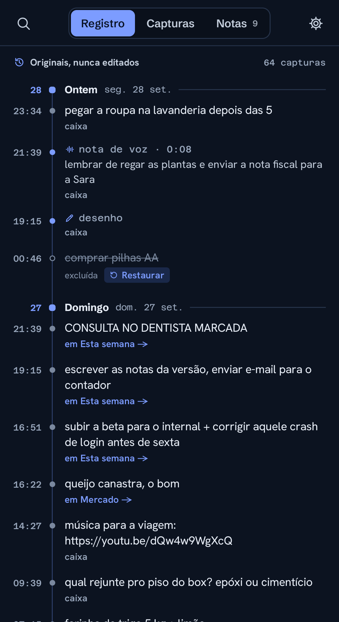 O registro de cada captura, em ordem, sem sobrescrever nada