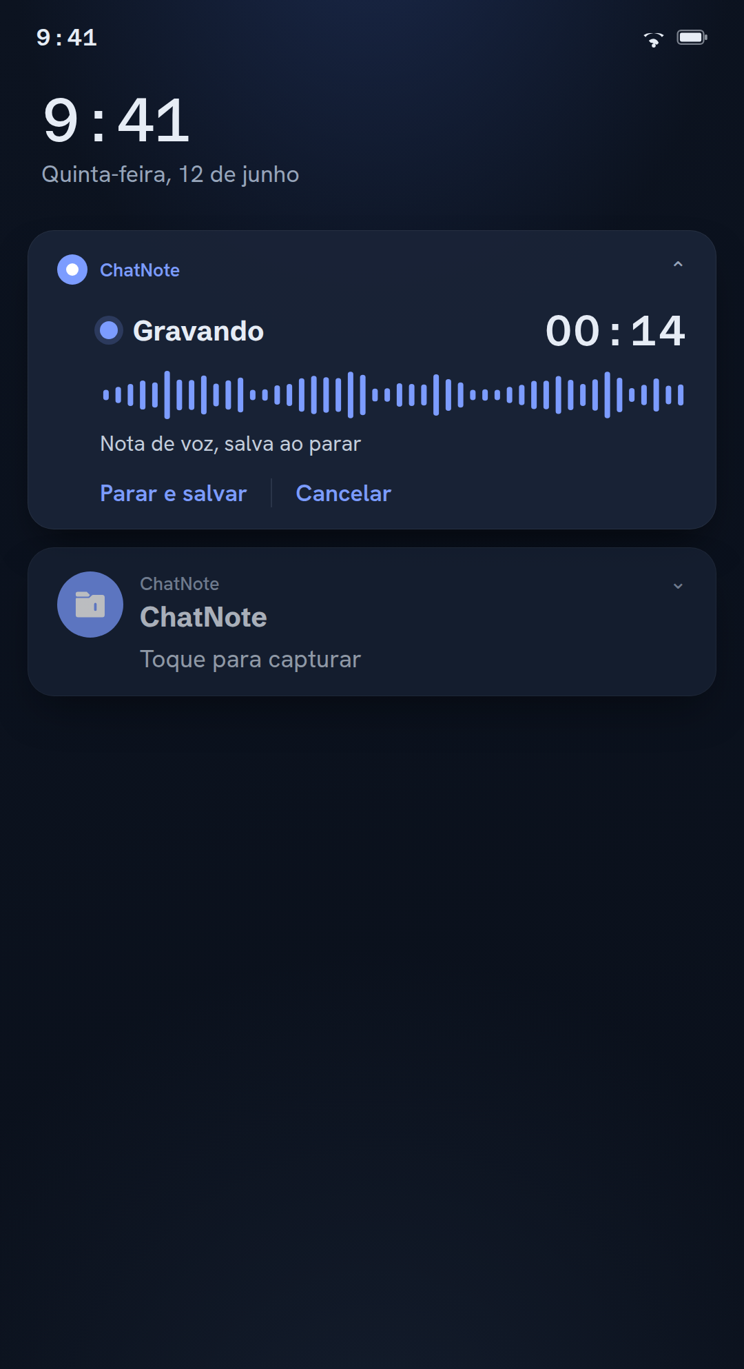 Gravando uma nota de voz pela notificação, com o tempo correndo, Parar e salvar e Cancelar