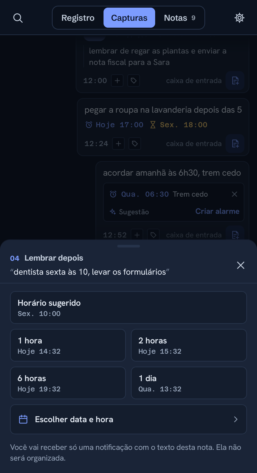A tela de lembrete, com o horário citado na captura já sugerido
