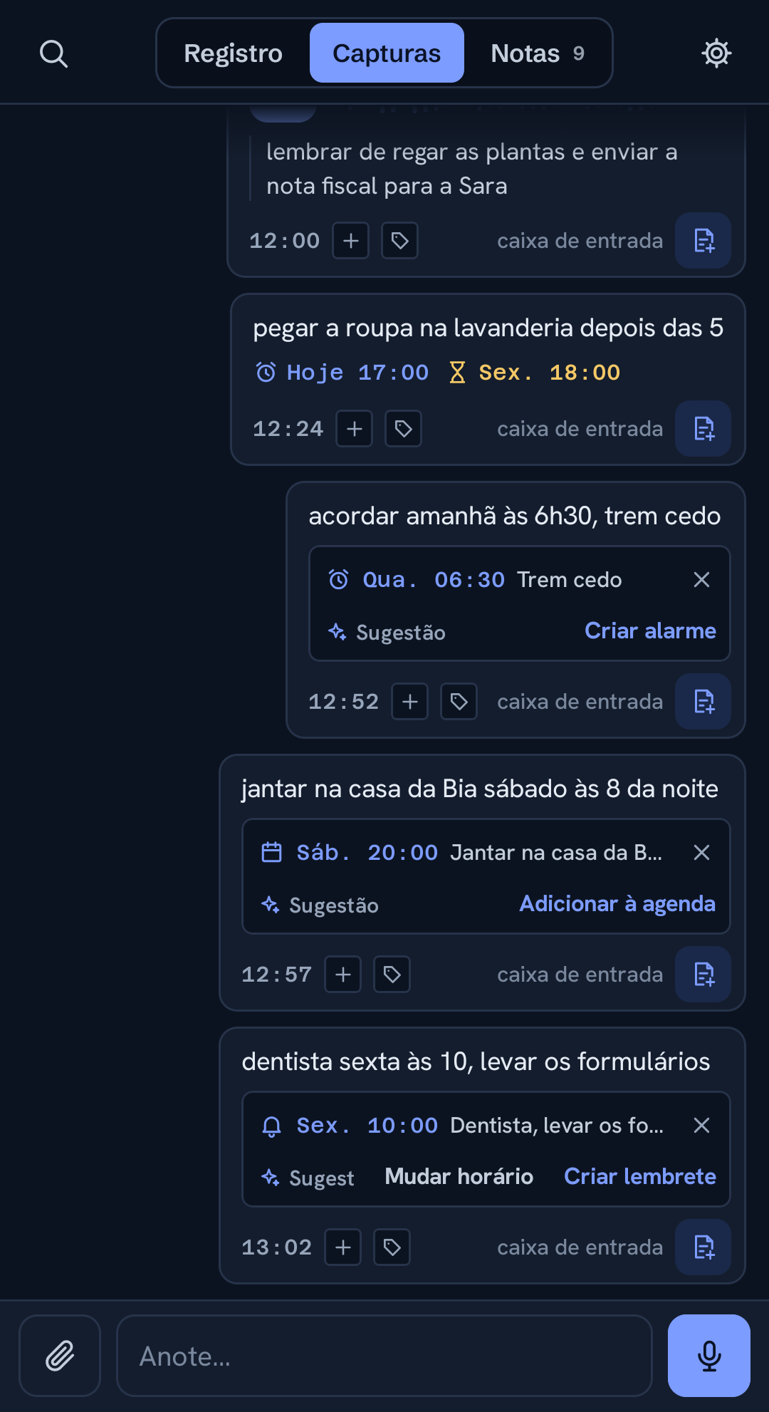 Ações sugeridas sob capturas que citam um horário: um lembrete, um evento, um alarme