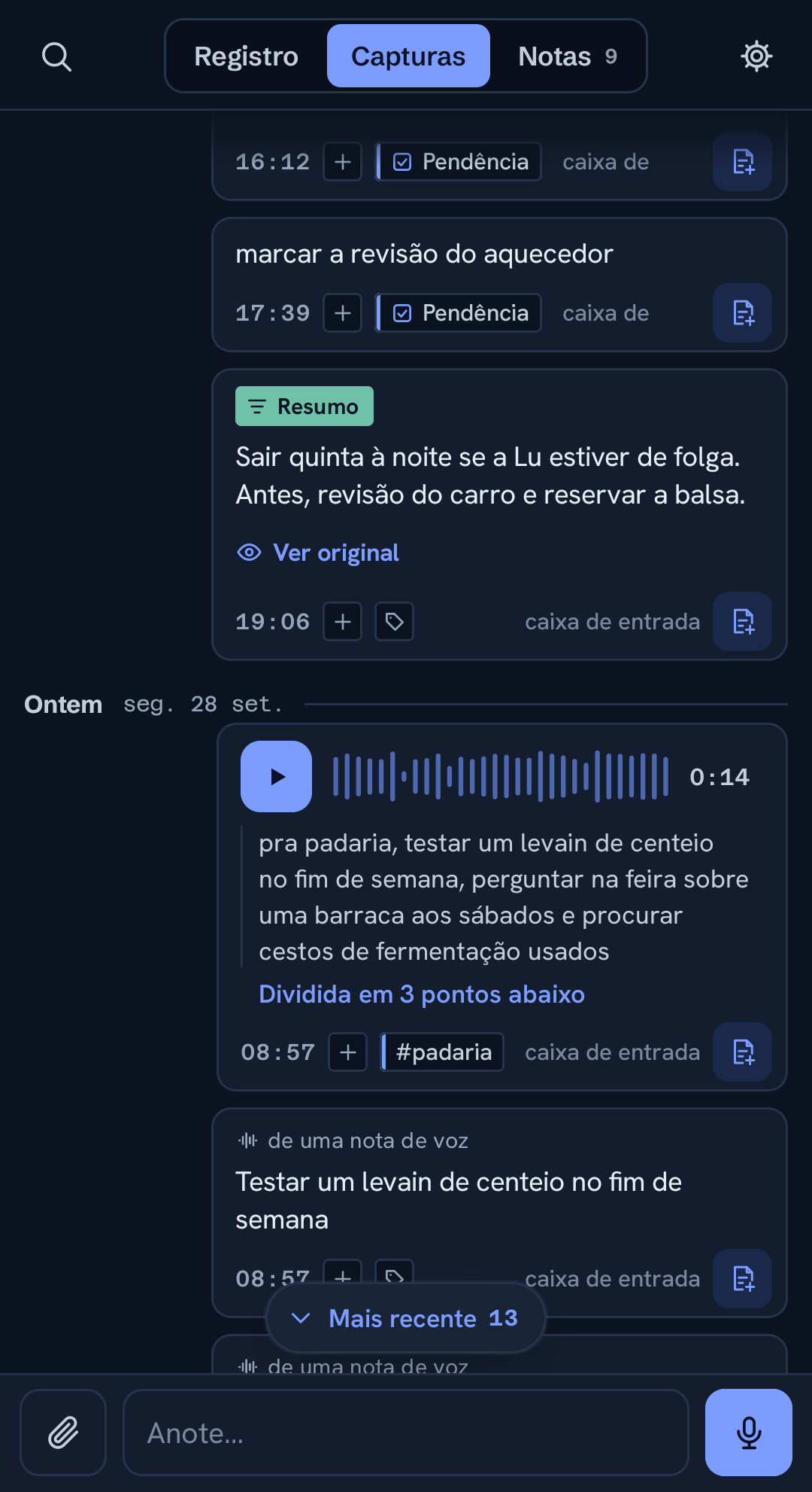 Uma nota de voz resumida, com o original a um toque